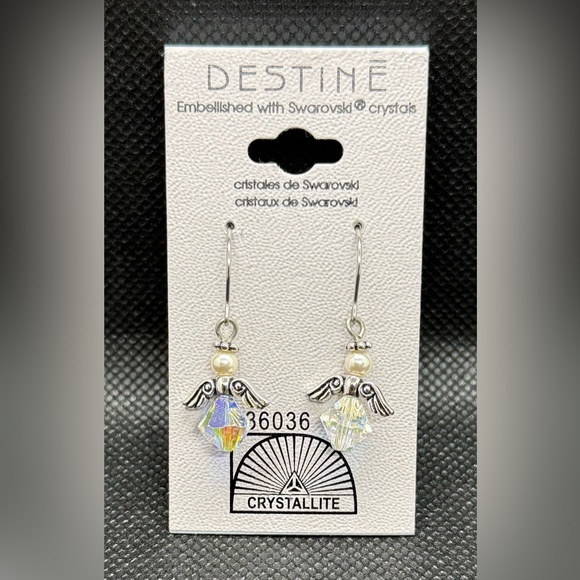 🩶DESTINE🩶Silver Angel Earrings with Swarovski Crystals/NIP - Picture 1 of 3
